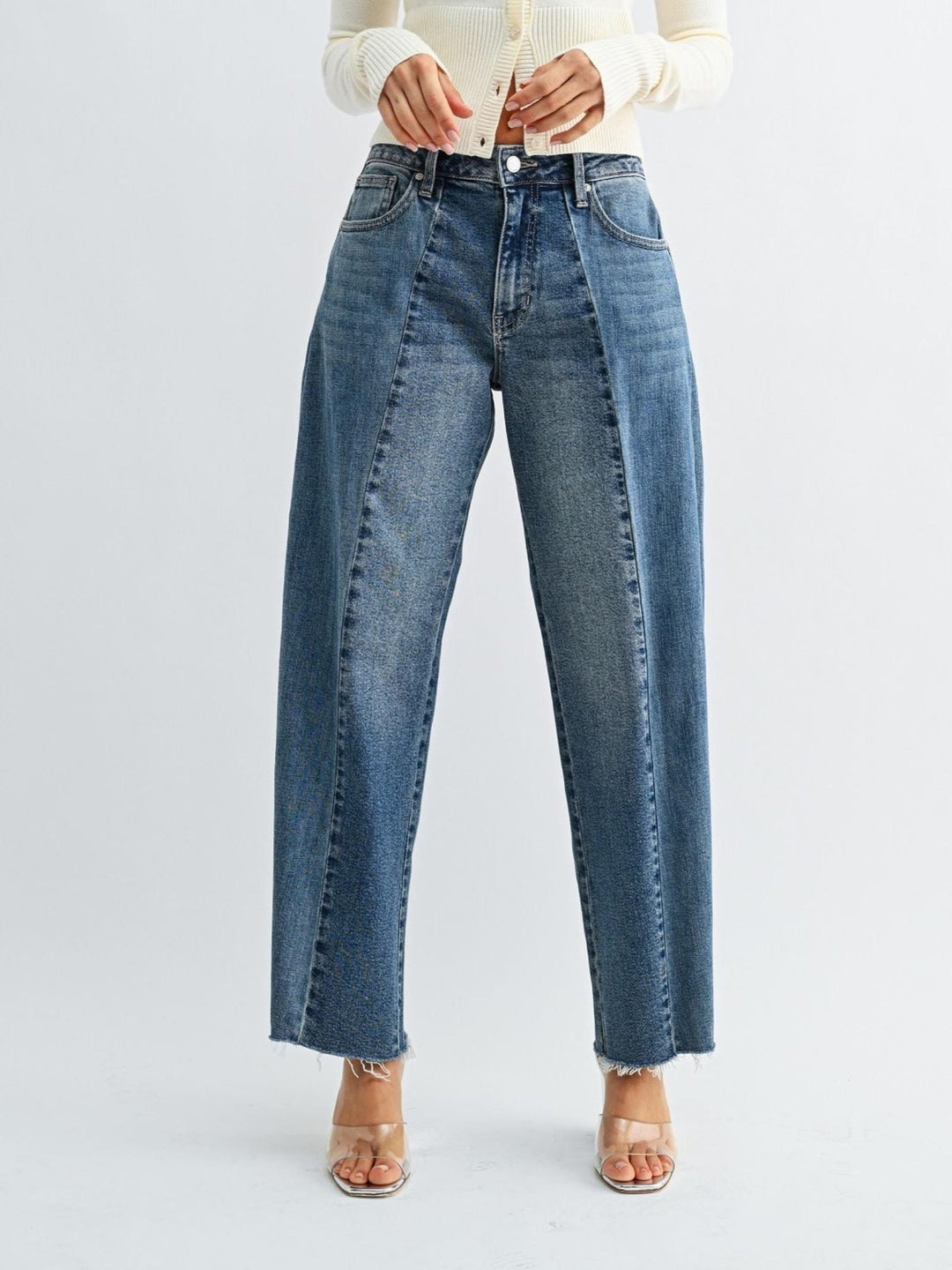 two tone seamed accent barrel denim