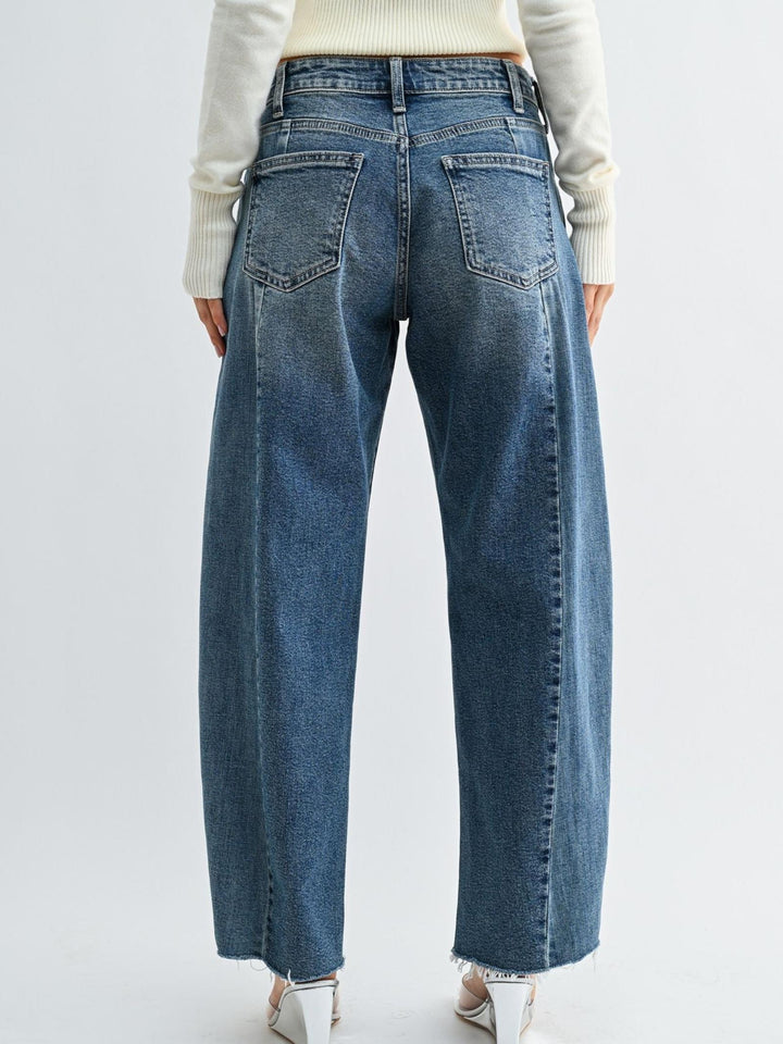 two tone seamed accent barrel denim