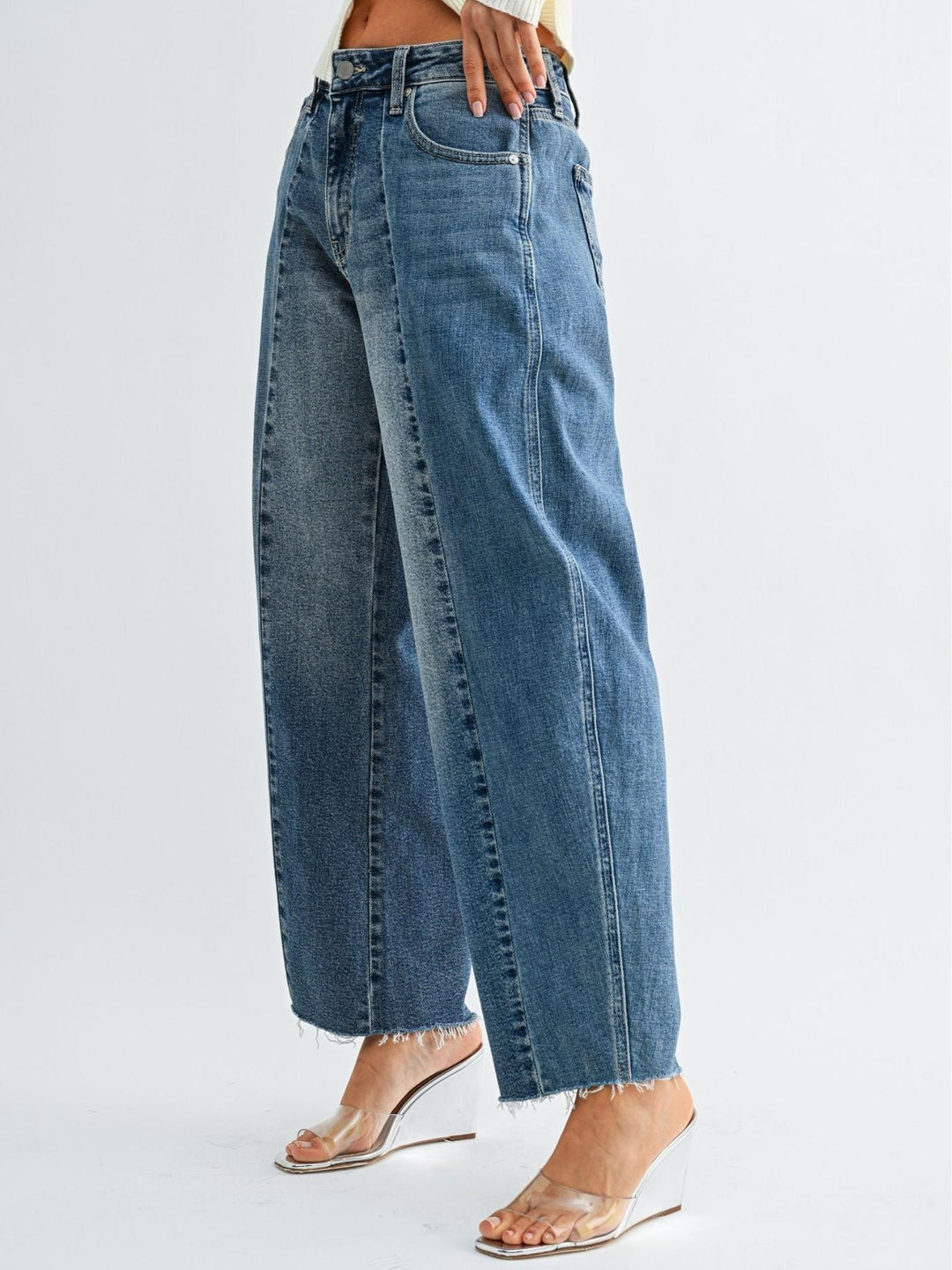 two tone seamed accent barrel denim