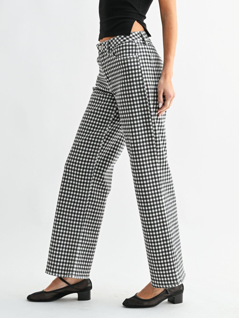 black and white gingham printed straight denim