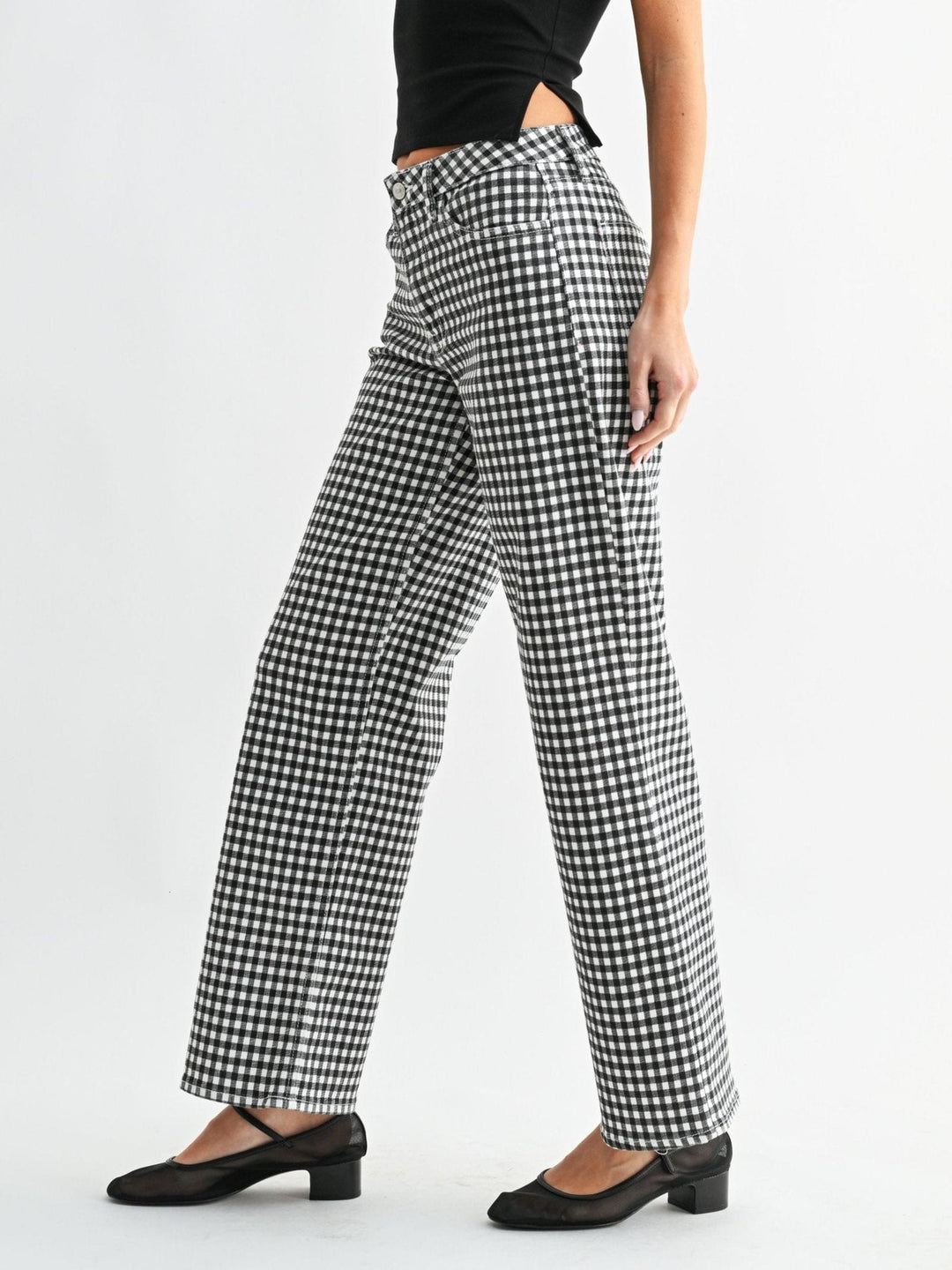 black and white gingham printed straight denim