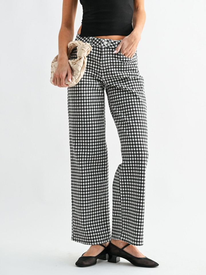 black and white gingham printed straight denim