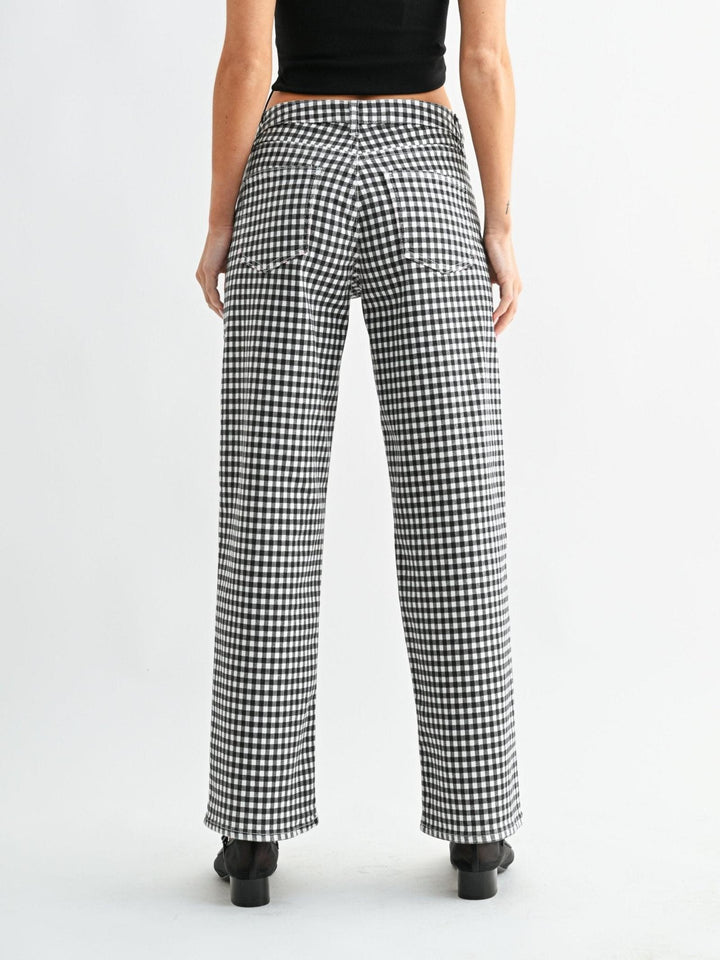 black and white gingham printed straight denim