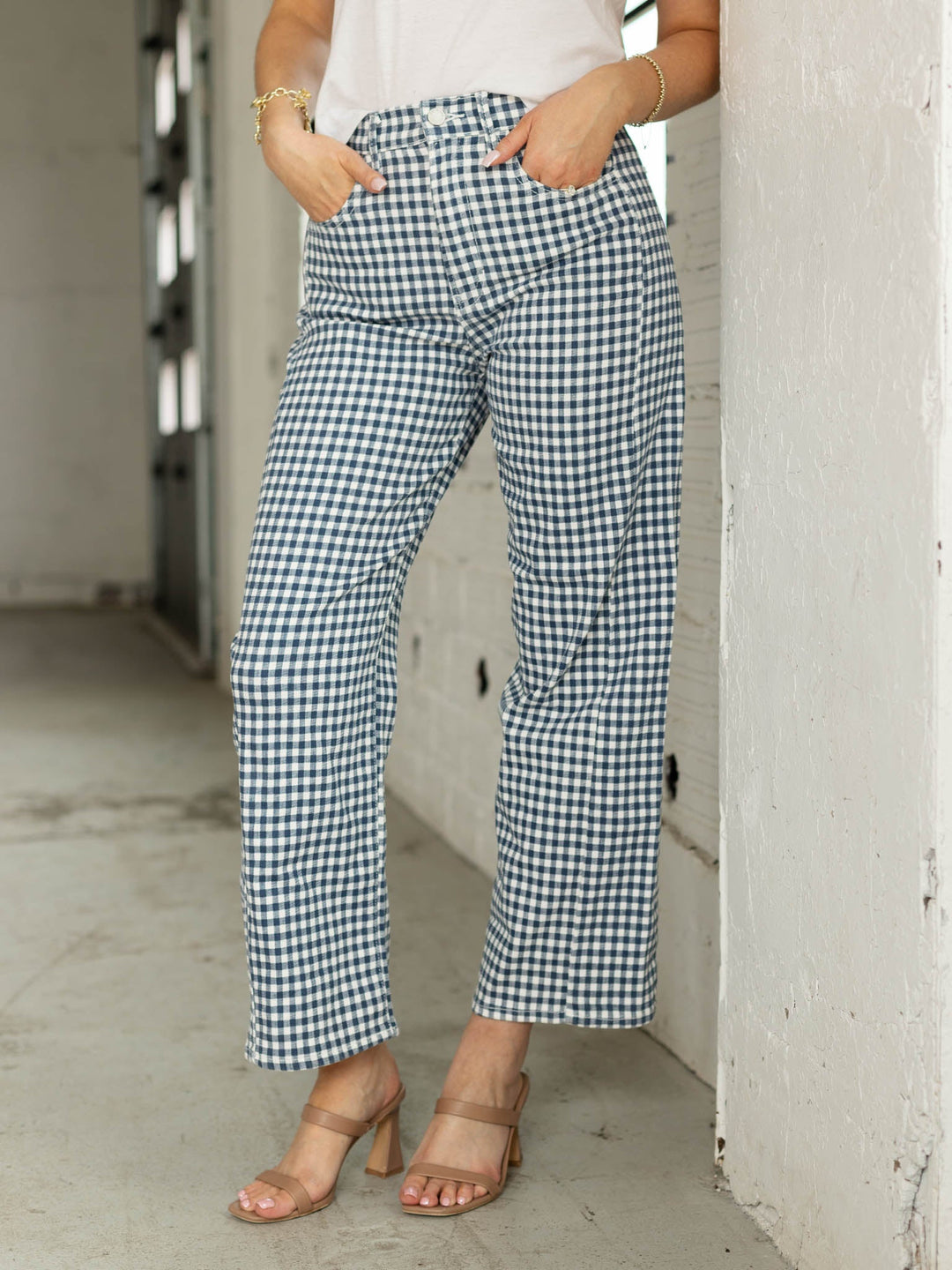 Just Black Navy Gingham Barrel Jean Twist