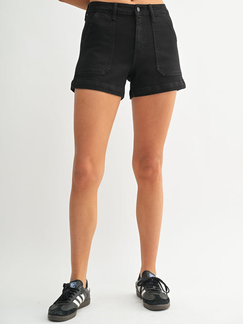 utility black denim shorts