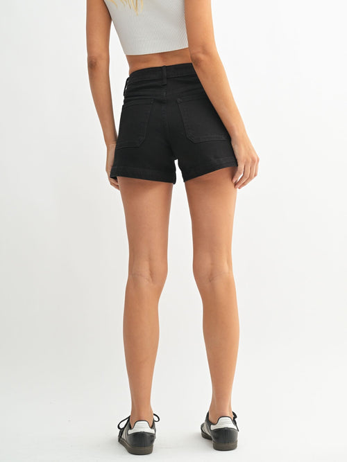 utility black denim shorts