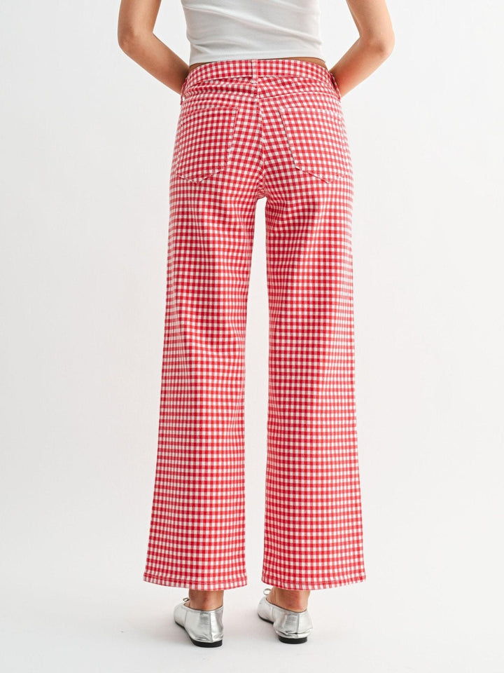 red gingham printed jeans