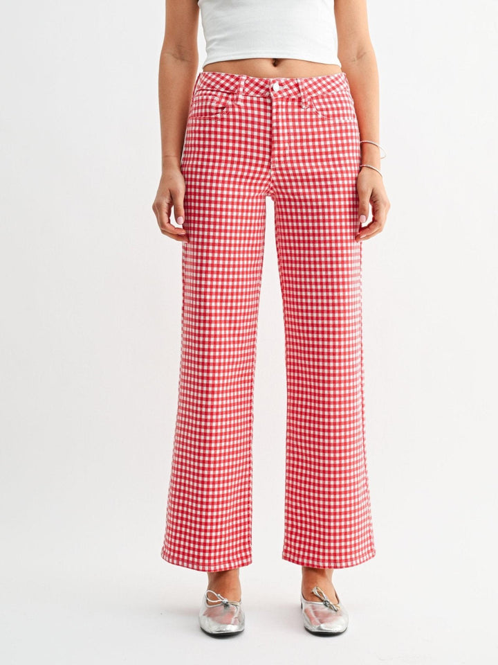 red gingham printed jeans