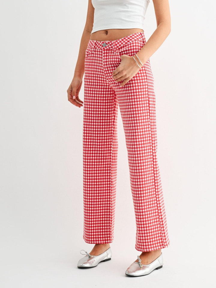 red gingham printed jeans