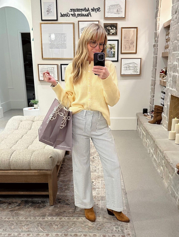 stripe patch pocket wide leg denim