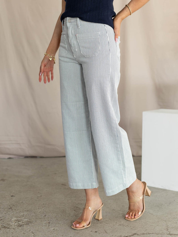 stripe patch pocket wide leg denim