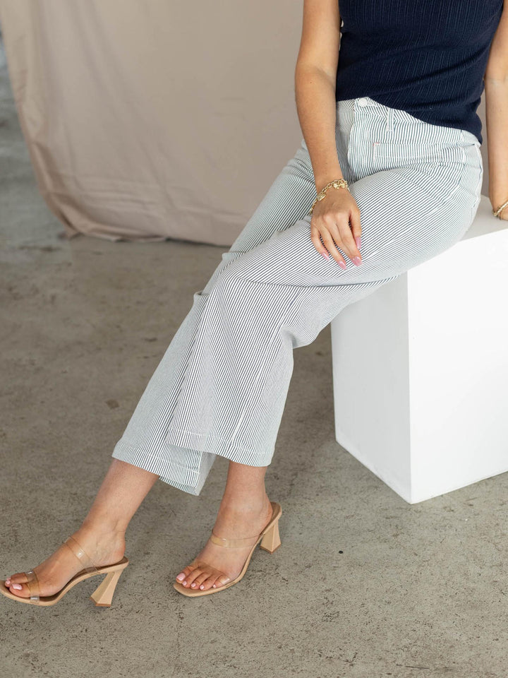 stripe patch pocket wide leg denim