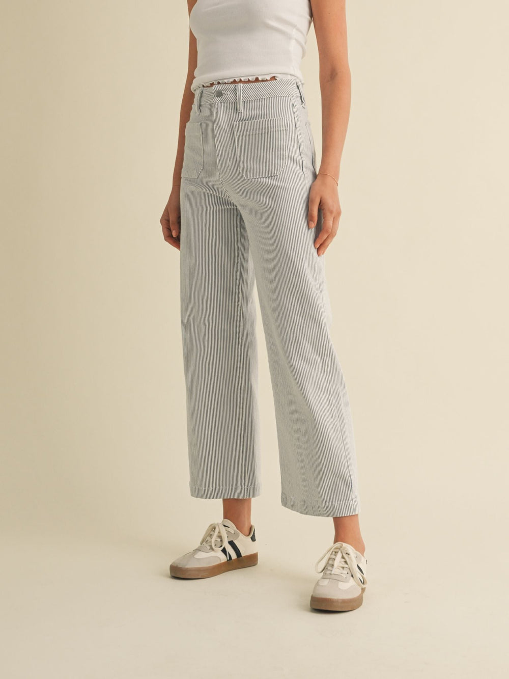 stripe patch pocket wide leg denim