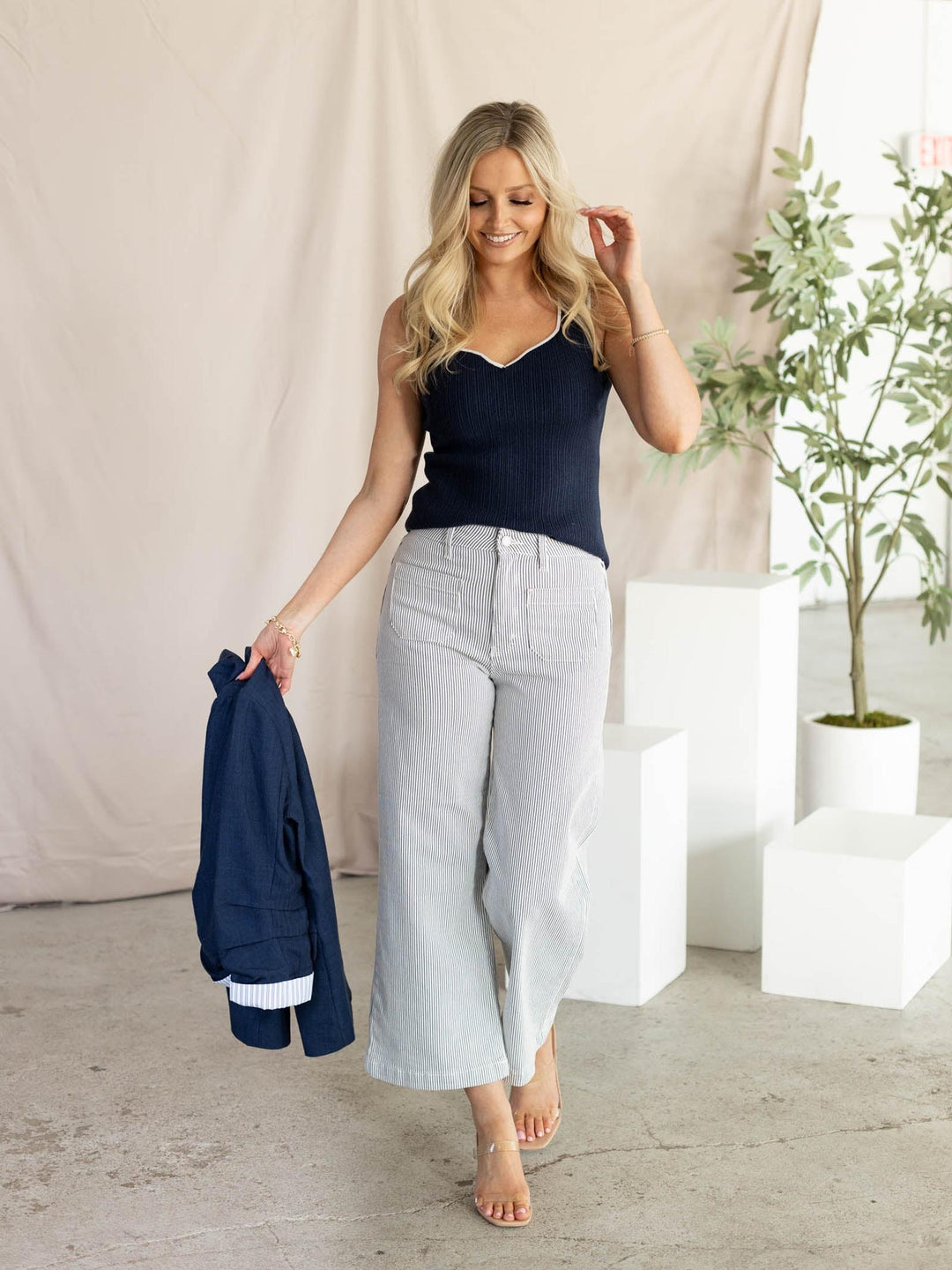 stripe patch pocket wide leg denim