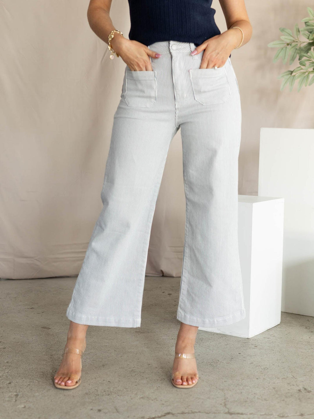 stripe patch pocket wide leg denim