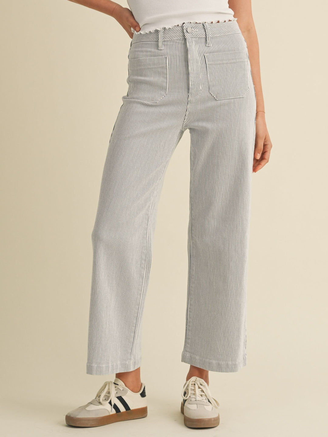 stripe patch pocket wide leg denim