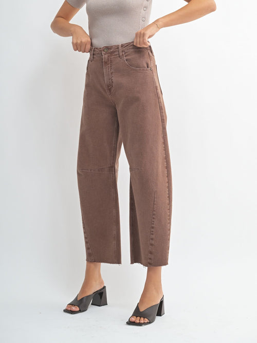 washed brown barrel denim