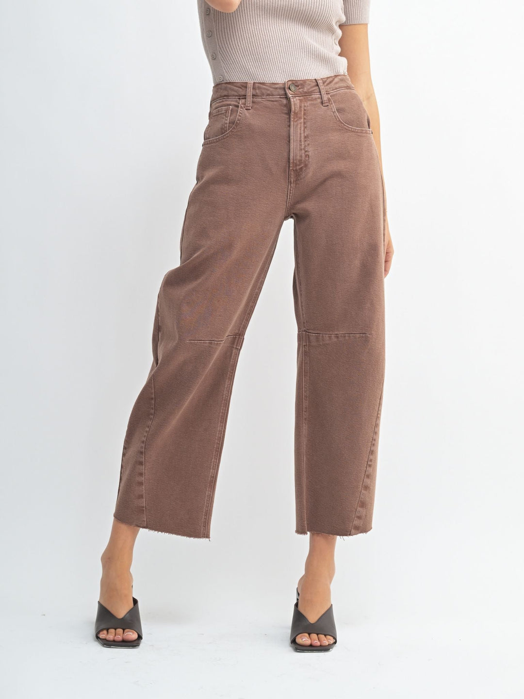 washed brown barrel denim