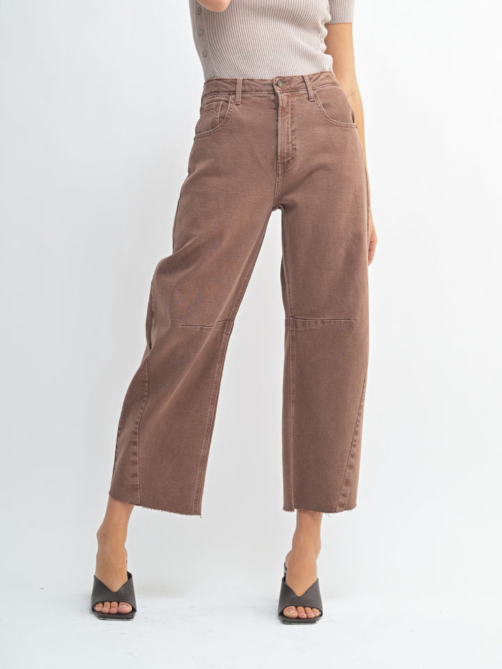 washed brown barrel denim