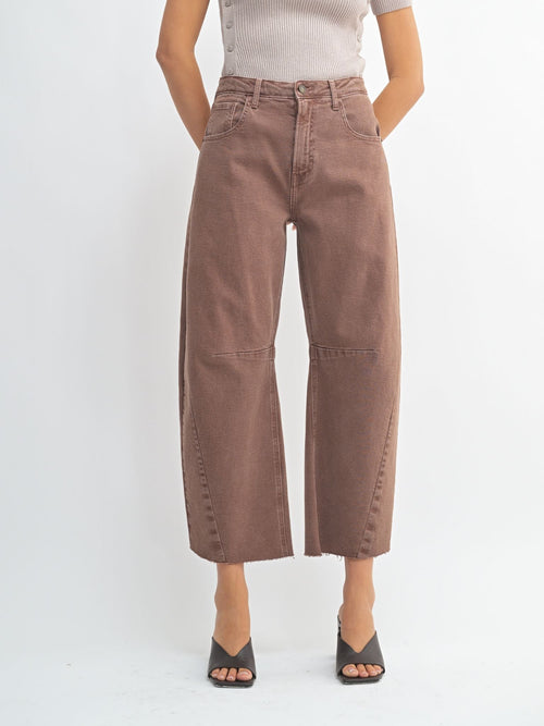 washed brown barrel denim