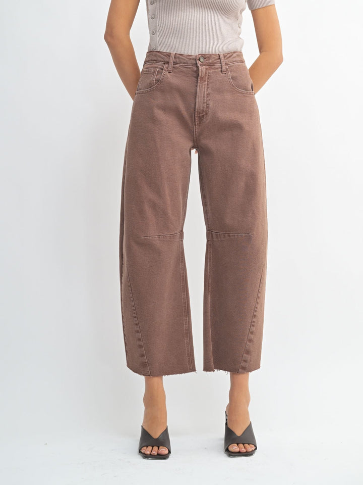 washed brown barrel denim