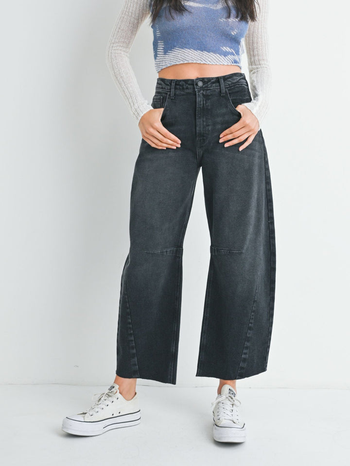 washed black barrel denim