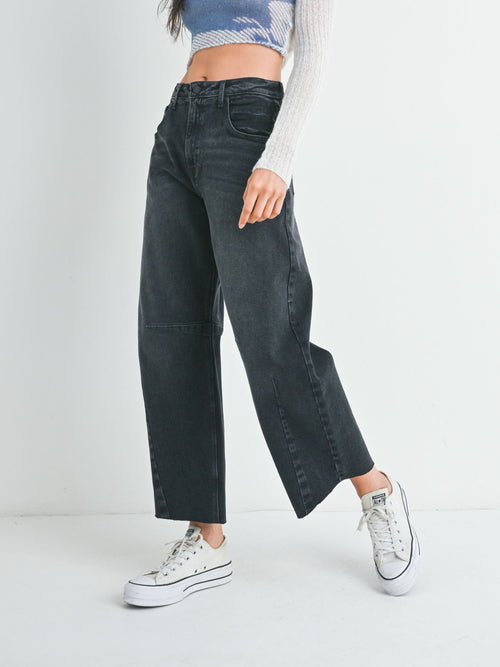 washed black barrel denim