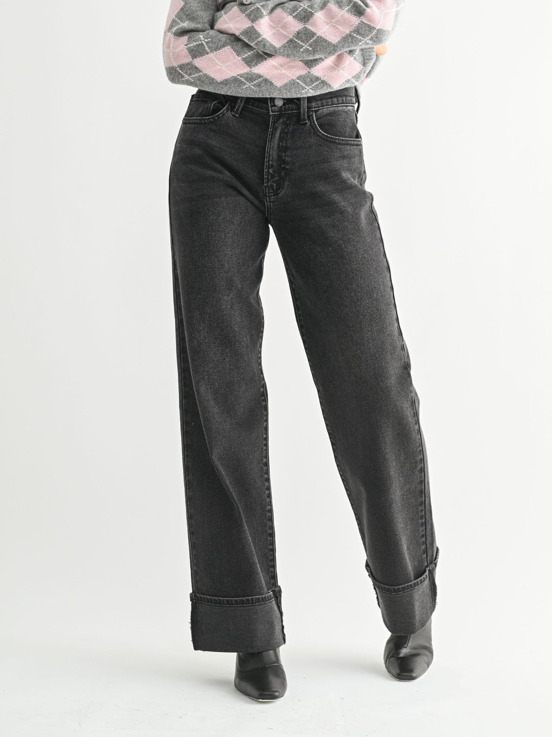 washed black cuffed denim