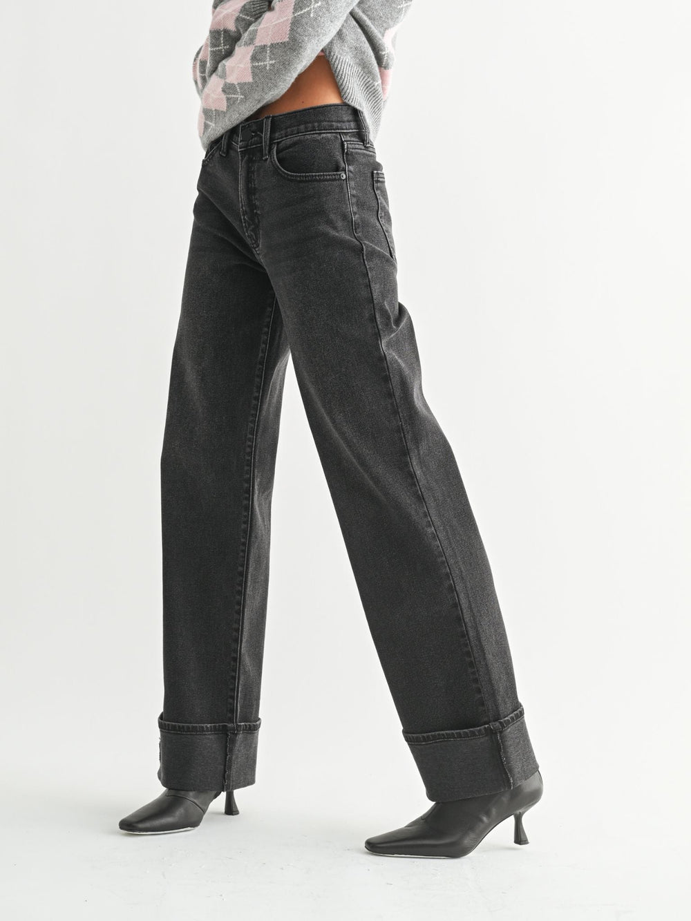 washed black cuffed denim