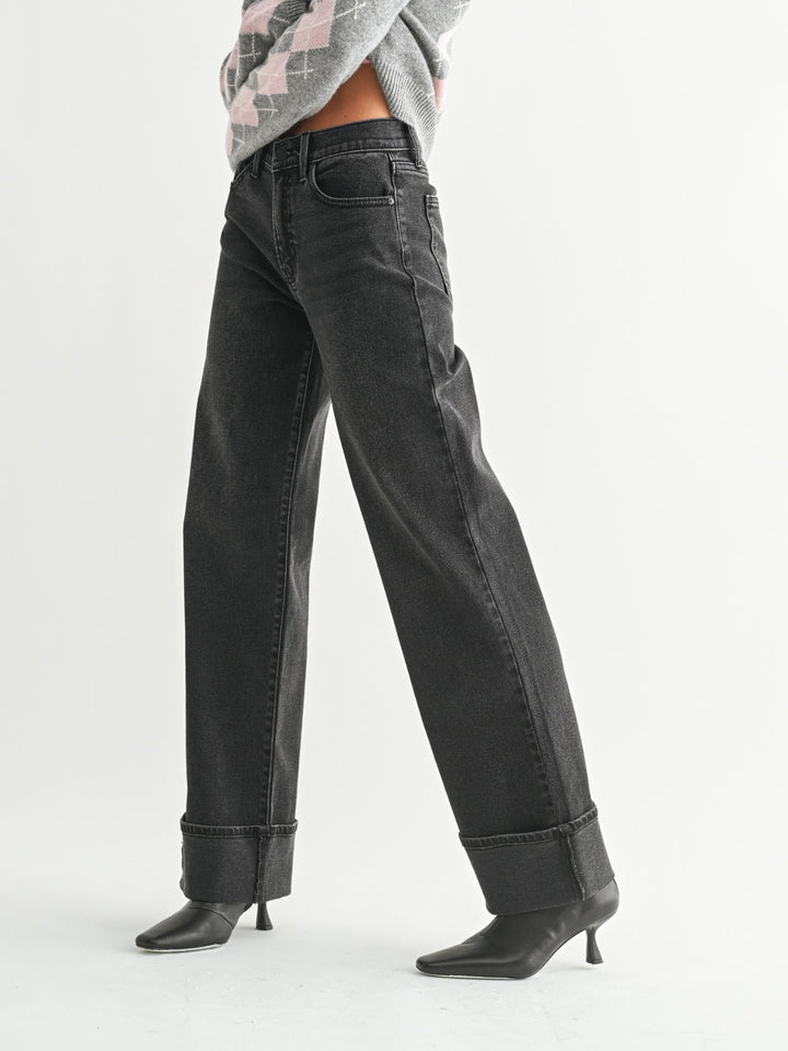 washed black cuffed denim