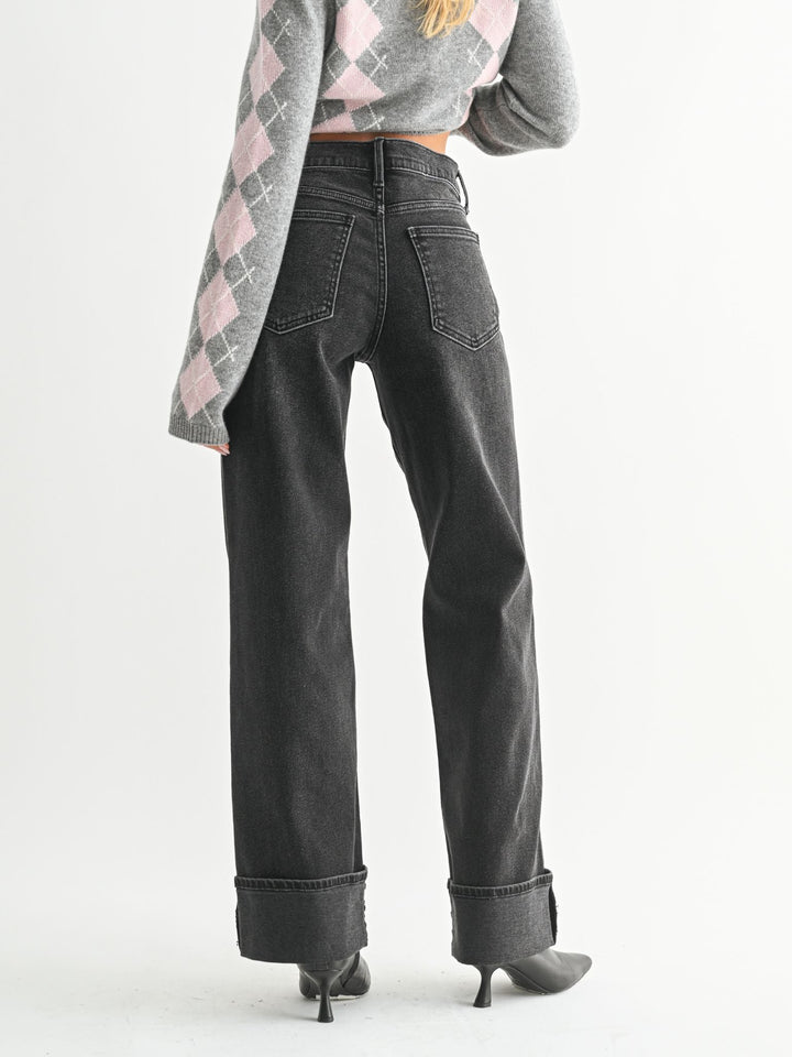 washed black cuffed denim