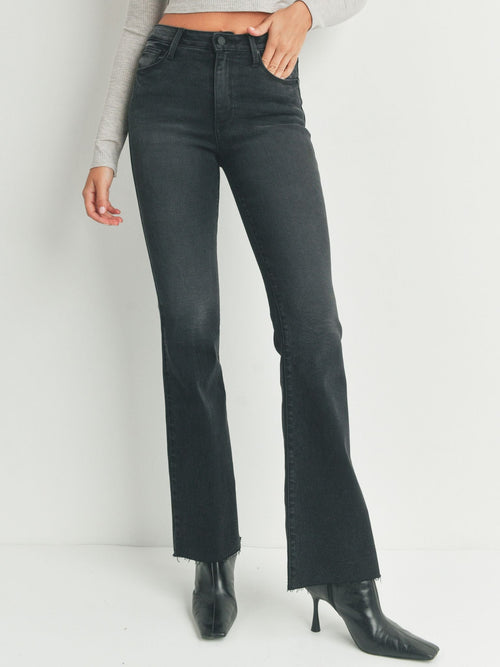 washed black flare denim