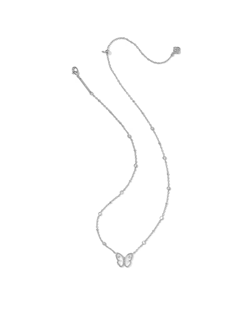 Silver butterfly necklace on a white background