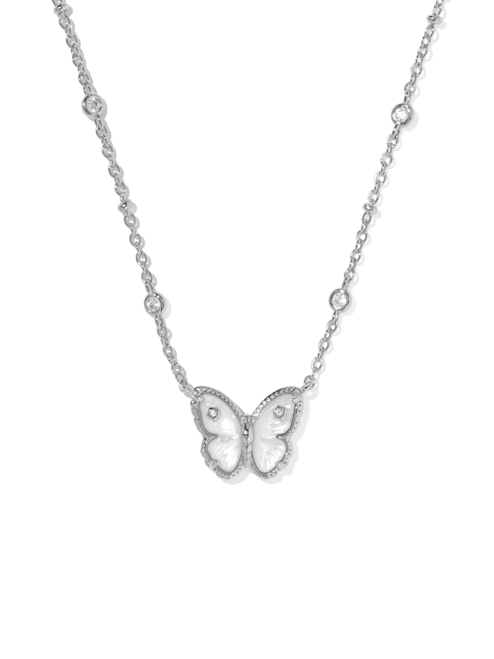Silver butterfly necklace on a white background