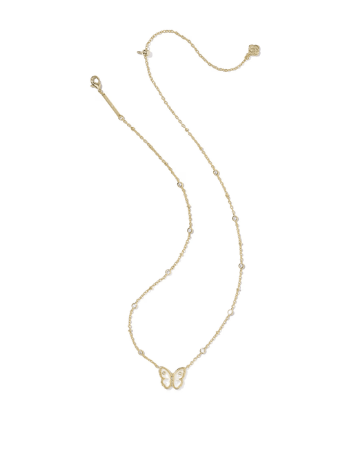 Gold butterfly necklace on a white background