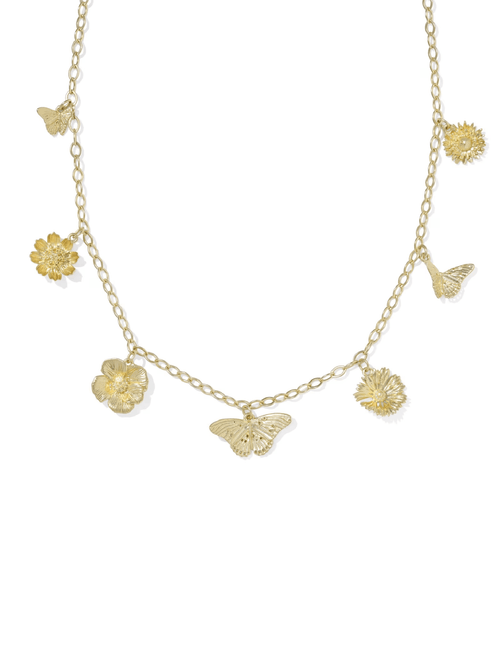 Gold necklace with butterfly and flower pendants on a white background