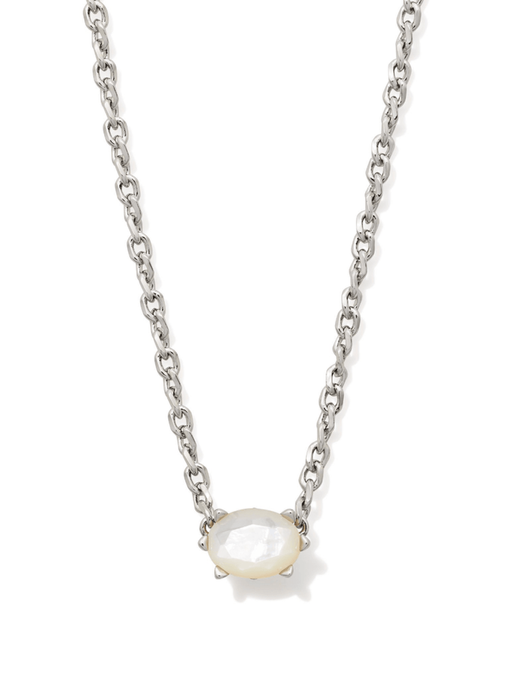 A silver chain necklace with an oval-shaped, milky white cabochon gemstone pendant, displayed on a clean white background.