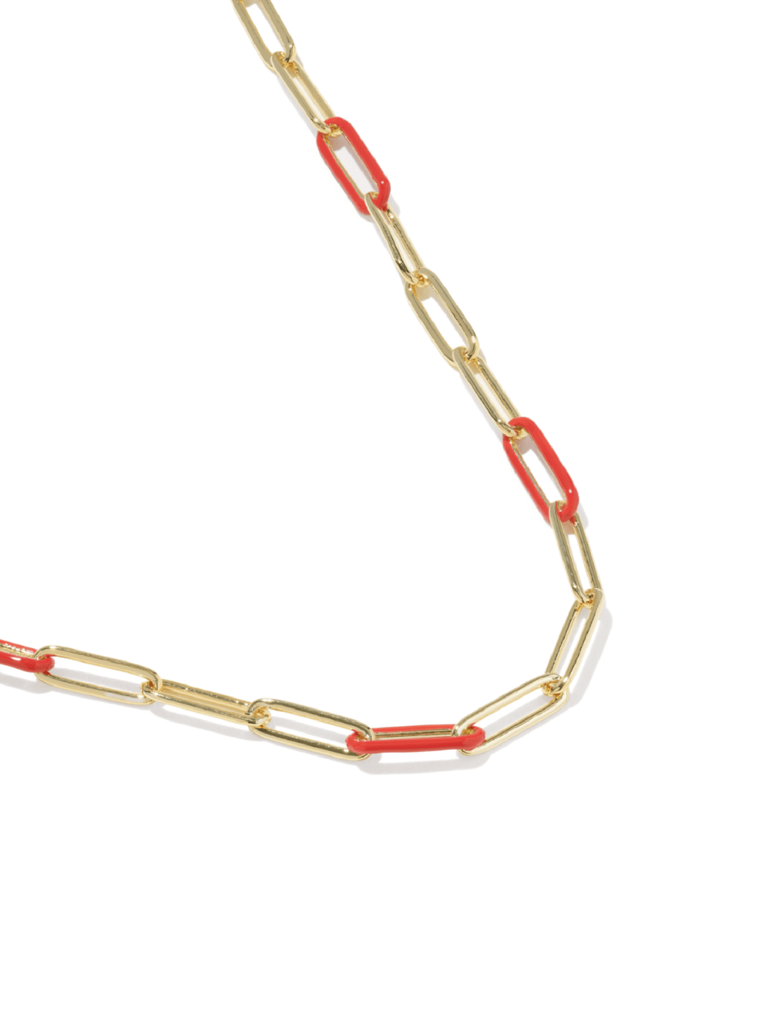 A gold paperclip chain necklace with alternating red paperclip links, shown on a clean white background.