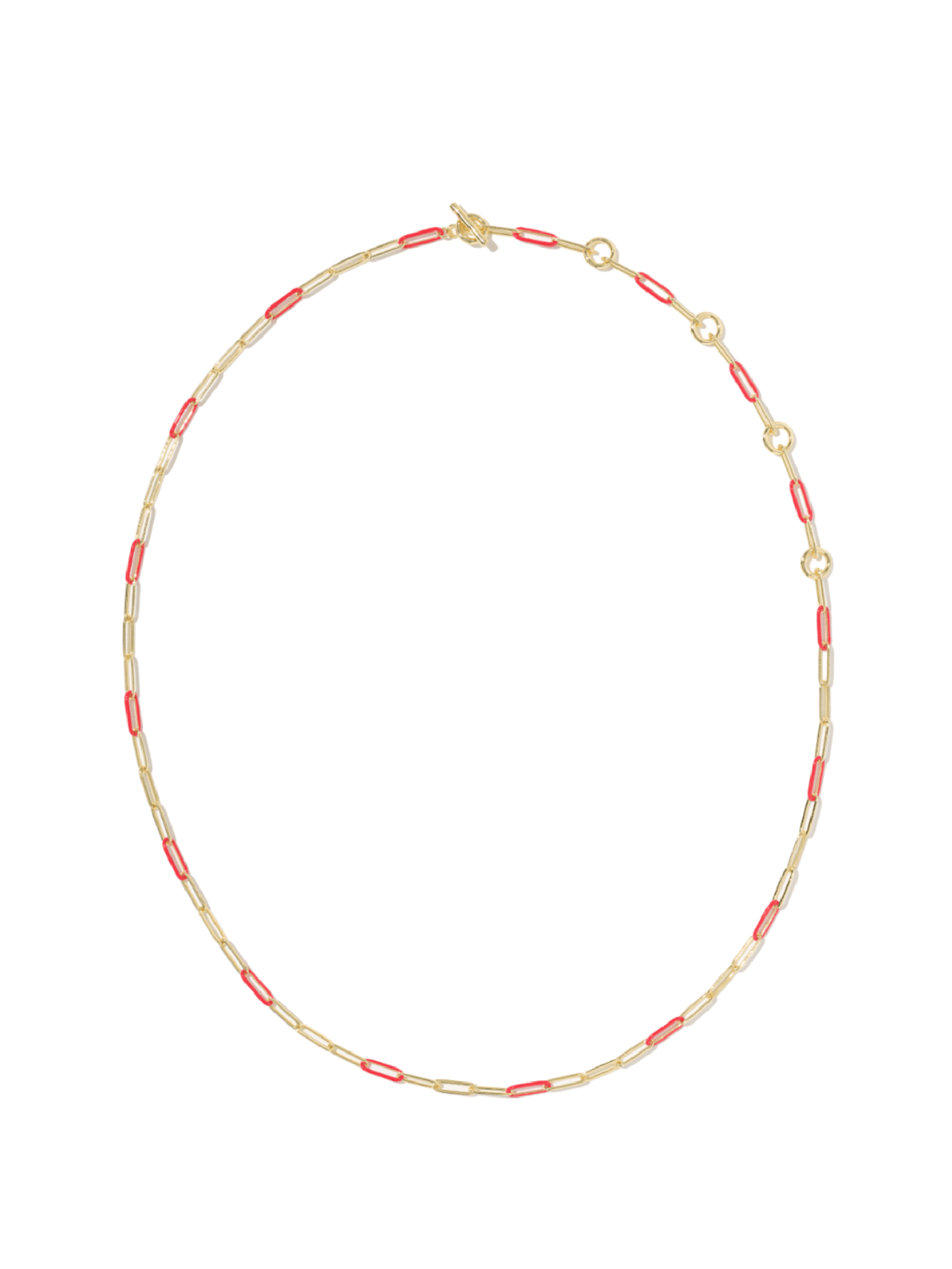 A delicate gold chain necklace featuring alternating gold and coral-pink paperclip links, displayed on a clean white background.
