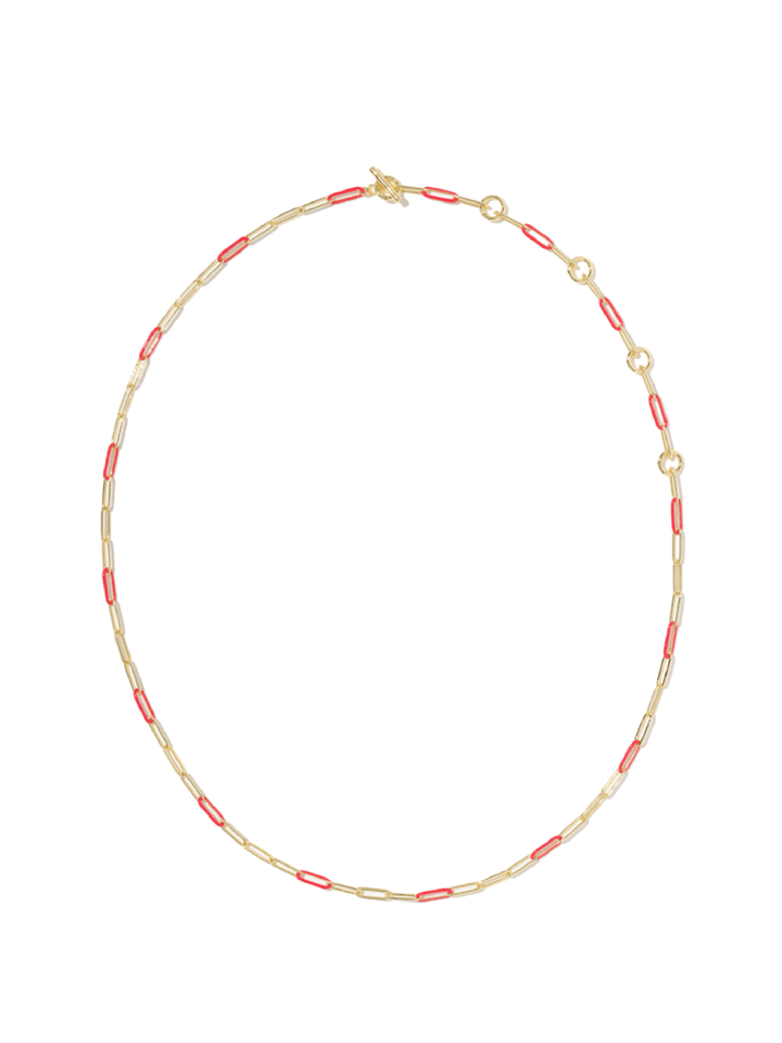 A delicate gold chain necklace featuring alternating gold and coral-pink paperclip links, displayed on a clean white background.