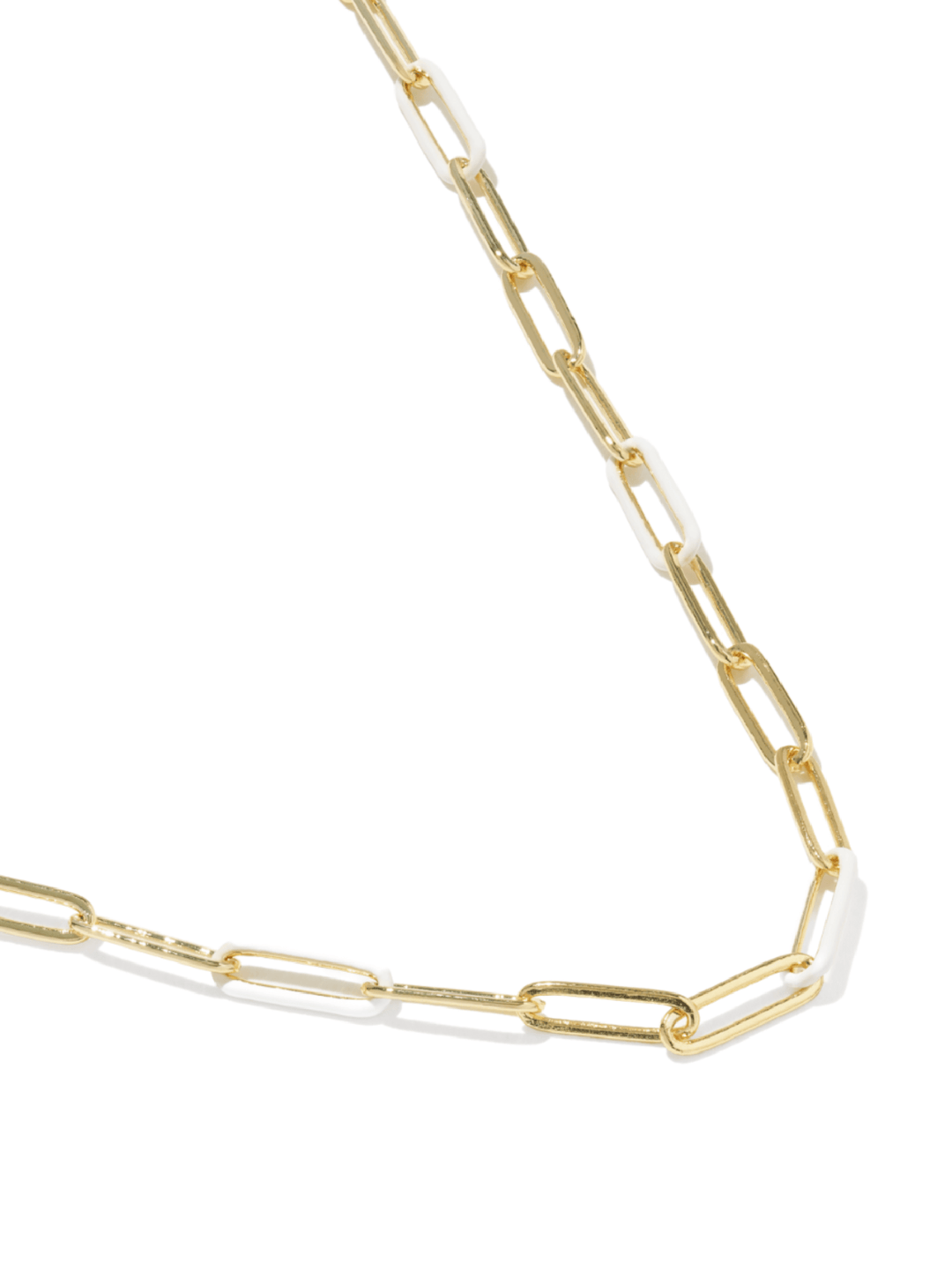 A close-up of a gold paperclip chain necklace on a clean white background.