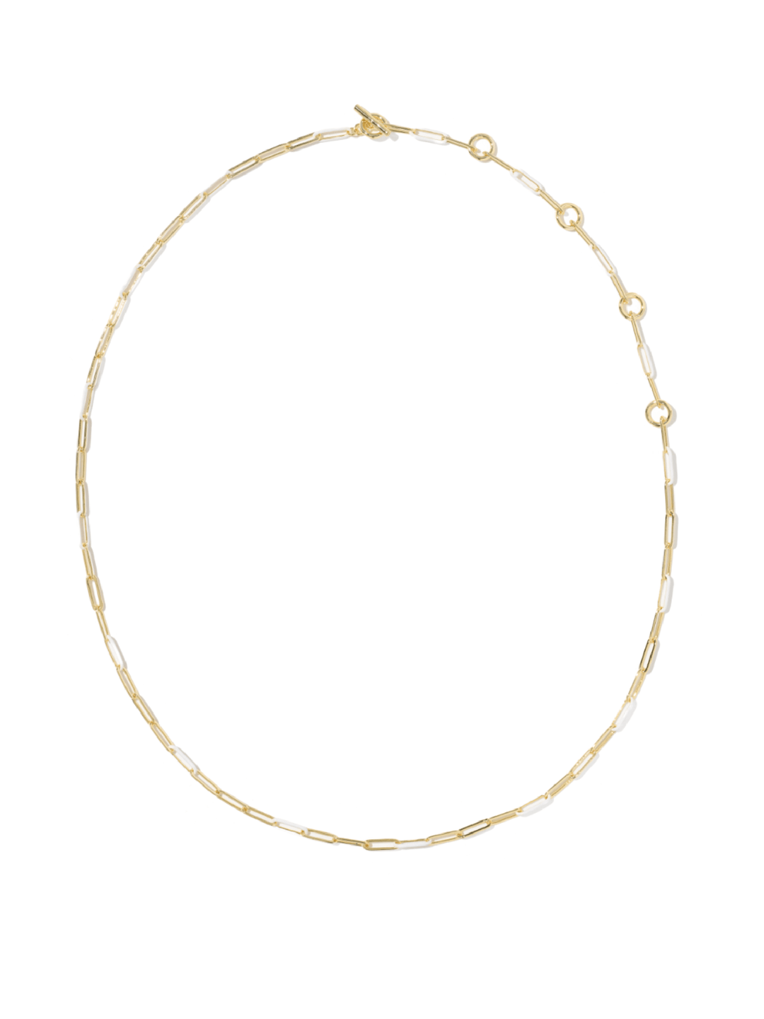 A delicate gold chain necklace with alternating paperclip and oval links, displayed on a clean white background.