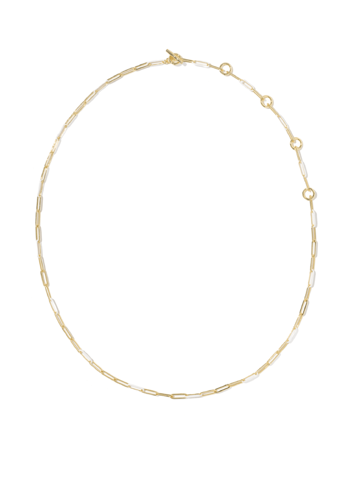 A delicate gold chain necklace with alternating paperclip and oval links, displayed on a clean white background.