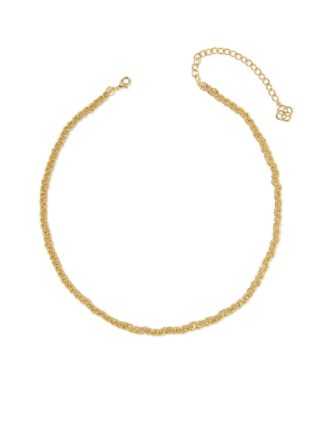 A delicate gold chain necklace with a textured, rope-like link pattern, featuring a lobster clasp on one end and an adjustable extension chain with a small decorative charm on the other, displayed on a clean white background.