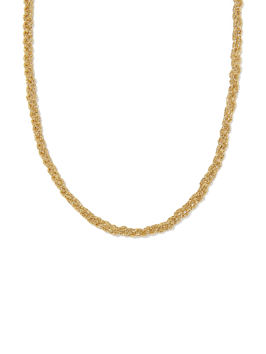 A gold chain necklace with a textured, woven or braided appearance, displayed against a solid white background.