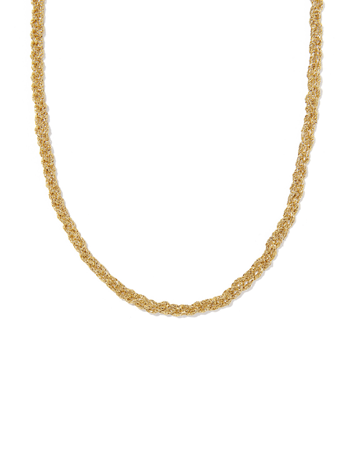 A gold chain necklace with a textured, woven or braided appearance, displayed against a solid white background.