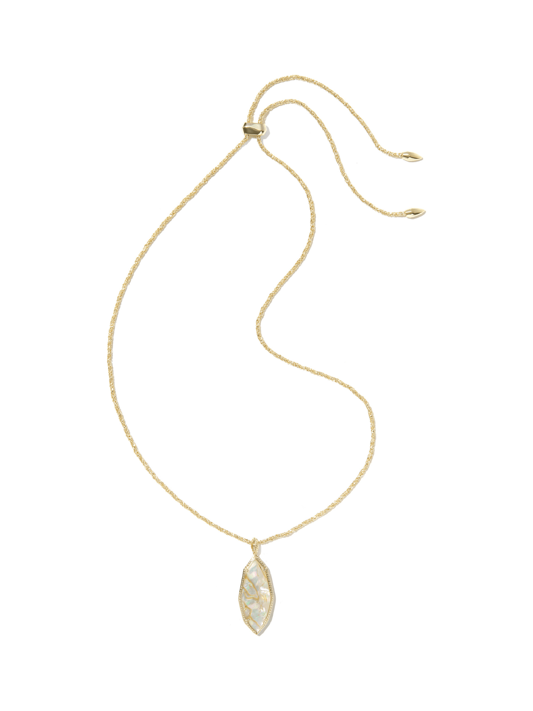 A delicate gold chain necklace with a small teardrop-shaped pendant featuring a white mother-of-pearl inlay, displayed on a clean white background.