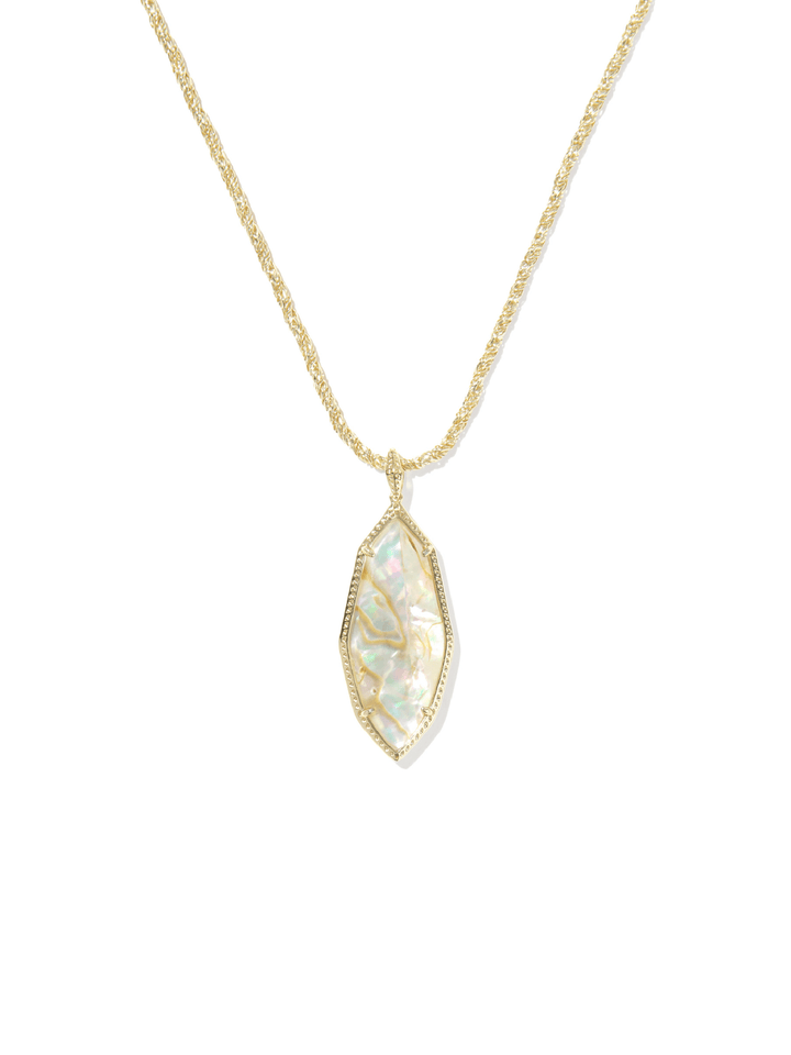 A delicate gold chain necklace featuring a teardrop-shaped pendant with an iridescent white opal inlay surrounded by a textured gold border, set against a plain white background.