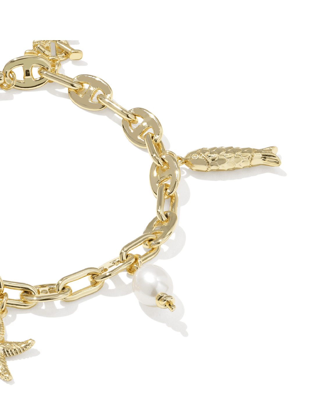 Gold-tone chain bracelet with a mermaid tail charm, a pearl bead, and a starfish charm on a white background.