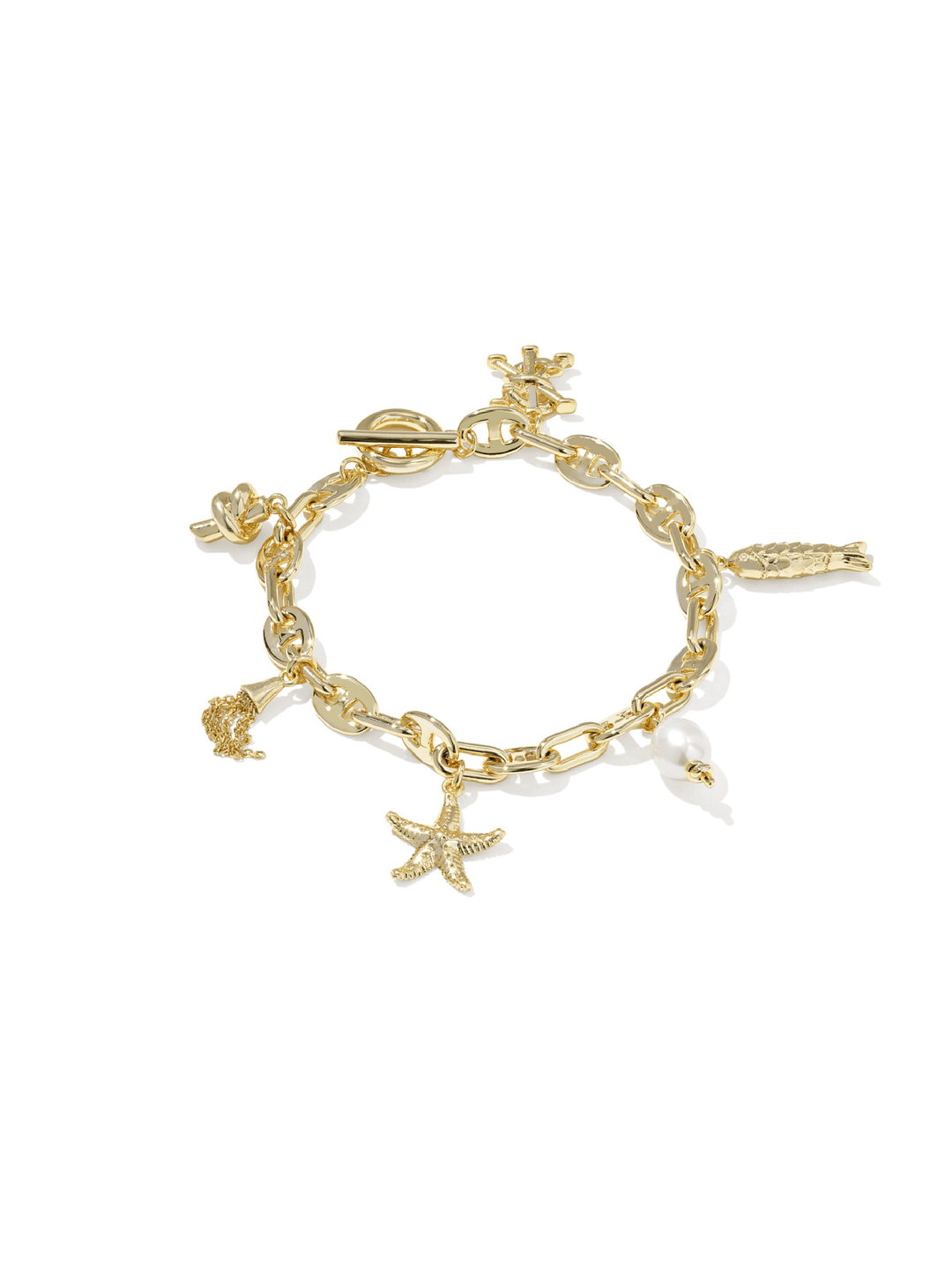 A gold-tone charm bracelet featuring a starfish, seashell, fish, and other small sea-themed charms, displayed on a clean white background.